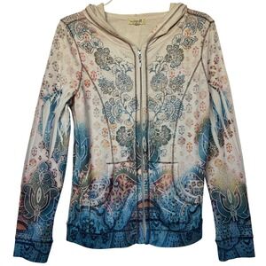 Y2K One World Rhinestone Sublimation Print Zip Jacket Artsy Bling Boho Glam S